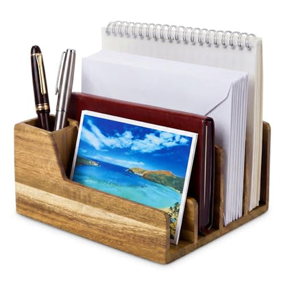 Novabright Acacia Wood Mail Organizer with Pen Holder, 5 Slot Desk File Organizer, Wooden Letter Sorter for Desk, Compact Desktop Document Holder for Home Office Storage Back to School