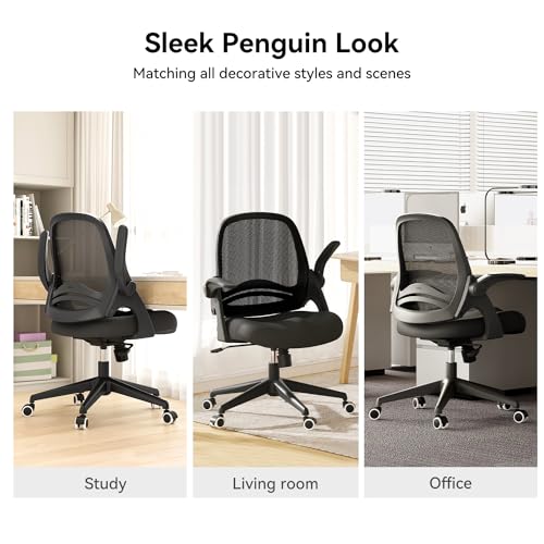 Hbada Office Desk Chair with Flip-Up Armrests and Saddle Cushion, Ergonomic Office Chair with S-Shaped Backrest, Swivel, Mesh, Black - color: Black