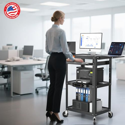 POCHAR Large Steel AV Cart with Power Strip & Drop Leaves - Height Adjustable Metal Media Cart with Wheels - Heavy Duty Rolling Computer Workstation for Laptop Projector Printer TV, Black (46" x 18") - style: AV Cart with Drop Leaves (AV-JM)