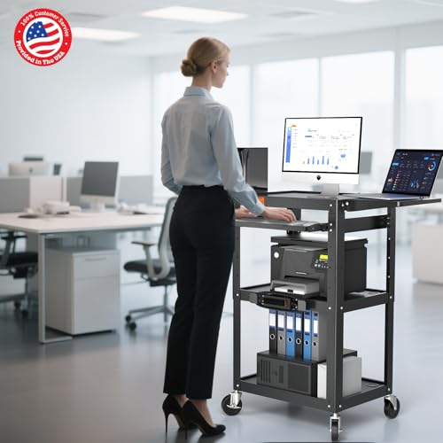 POCHAR Large Steel AV Cart with Power Strip & Drop Leaves - Height Adjustable Metal Media Cart with Wheels - Heavy Duty Rolling Computer Workstation for Laptop Projector Printer TV, Black (46" x 18") - style: AV Cart with Drop Leaves (AV-JM)