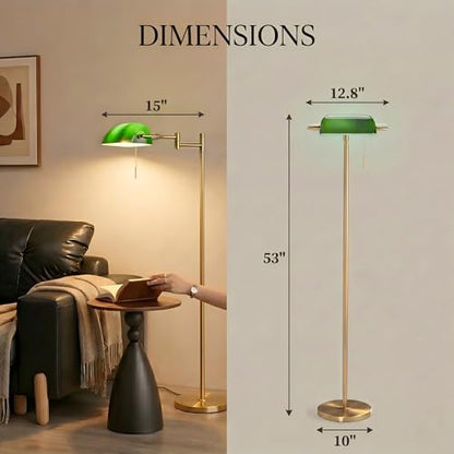 Vintage Modern Bankers Reading Floor Lamp, Gold Metal Standing Lamp with Adjustable Swing Arm, Swivel Green Glass Lampshade and Pull Chain for Living Room, Reading Nook, Office, Bedroom