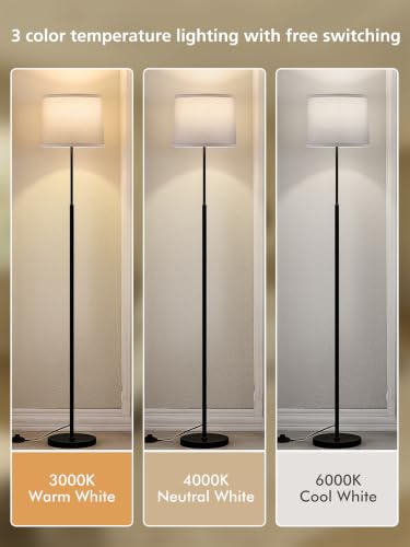 60" Modern Floor Lamp with Linen Shade, 3 Color LED Bulb & Foot Switch - color: Black & White Shade