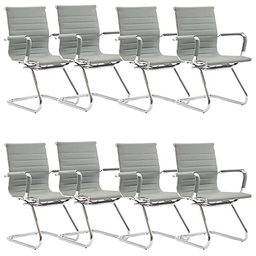 Conference Room Chairs Set of 8, Waiting Room Chairs with Arms, Faux Leather Reception Chairs No Wheels, Office Guest Chairs with Mid Back Support and Chrome Sled Base, Grey - color: Grey, size: 8PCS