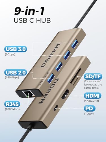 QGeeM USB C Hub Ethernet,9 in 1 USB Type C Hub HDMI Multi-Port Converter Adapter,100W Pd, USB 3.0,SD/TF Card Reader,Compatible for MacBook Pro Air Ipad HP Dell Lenovo Chromebook etc.-Brown - color: Brown