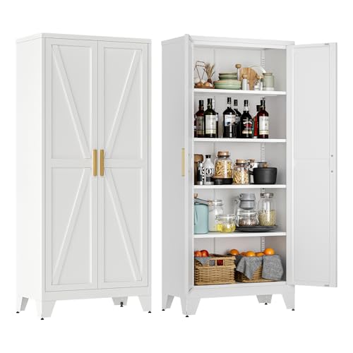 LCAOPC 71" Tall Metal Storage Cabinet with 2 Doors and 4 Adjustable Shelves, 5-Tier Kitchen Pantry Storage Cabinet for Kitchen, Living Room, Dining Room and Office, White - color: White, size: 71"H-2 Doors