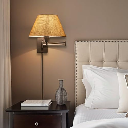 Kira Home Cambridge 15" Modern Swing Arm Wall Sconce + 3-Way Switch, 2-Pack | Latte Mocha Empire Fabric Shade, 2-in-1 Plug In or Hardwired Bedroom Wall Lamp, Black Finish - color: Black,Latte Mocha Shade,2-Pack