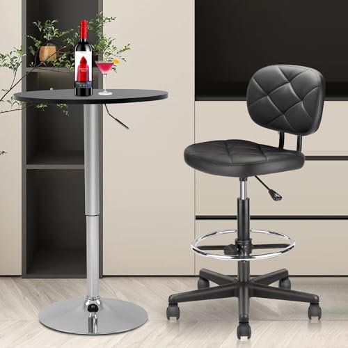 KLASIKA Leather Drafting Stool Chair with Ergonomic Backrest & Footrest, Padded Seat Adjustable Height 360° Swivel Rolling Stools, Tall Office Chair for Standing Desk, Shop, Drawing, Work, Black - color: Albert_black, size: 1 Pack