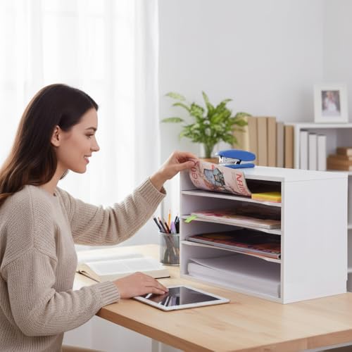 EMERIT 4-Tier Adjustable Paper Organizer, Large Capacity Desktop Organzier for Textbooks/Magazines/Office Files, Wooden Dividers, 7 lbs per Shelf, White - color: 4 Tier-white