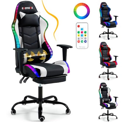 ECOTOUGE Racing Style RGB LED Lights Gaming Chair with Footrest - color: Rgb White, size: with footrest