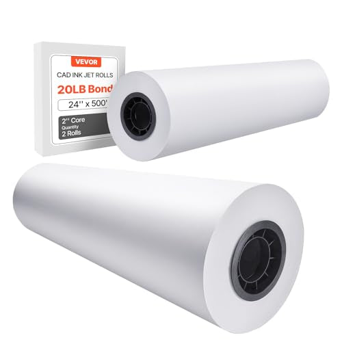 VEVOR Wide Format Paper, 24 in x 500 ft Plotter Paper, 2 Rolls CAD Bond Rolls with 3 in Core, 20 LB Bond Paper Rolls, Idea for CAD Drawings, Engineering Plans, GIS Maps & Architectural Designs - size: 24 in x 500 ft, style: 2 Rolls