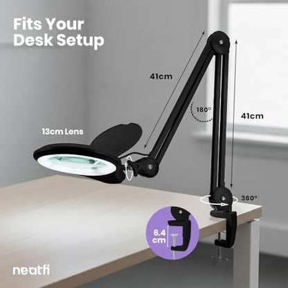 Neatfi LED Bifocal Magnifying Lamp 1,200 Lumens – 5” Glass Lens, Dual Magnification 3X/6X, Dimmable Task Light | Adjustable Arm with Clamp | Crafting, Jewelry & Reading (8 Diopter + 20 Diopter, Black) - color: Black, size: 8 Diopter + 20 Diopter