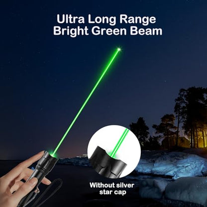 2-Pack Green Laser Pointers, Type-C Rechargeable with Pocket Clips | Single-dot and removable star cap, wrist strap, for outdoor journeys, camping, presentations and TV/LED/LCD screens