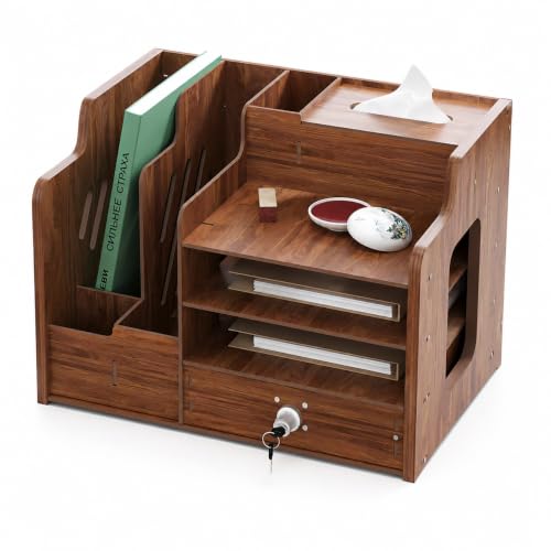 Desktop Organizer with Lockable Drawer and Keys, Desk Shelf with Tissue Box, Dual File Holders & 3-Tier Shelves, Multi-Functional Office Storage Rack 22.0×10.6×6.7 Inch for Office and Study Room