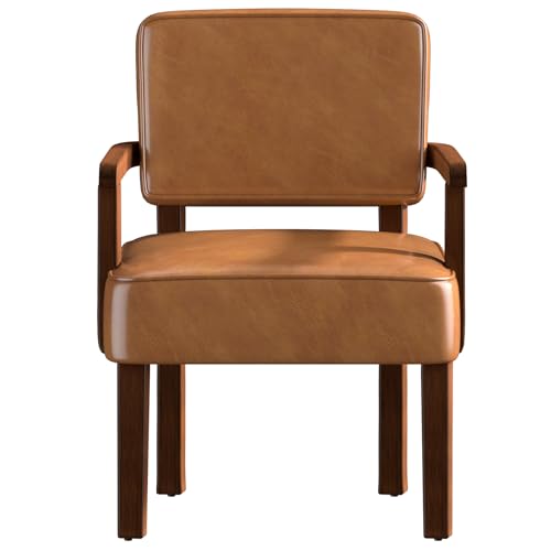 FAGAGA Faux Leather Accent Chair, Mid-Century Armchair with Wood Frame | Upholstered Living Room Chair, Comfy Reading Chair for Bedroom, Waiting Room, Home Office, Easy Assembly, Brown - color: Faux Leather Brown, size: One Chair