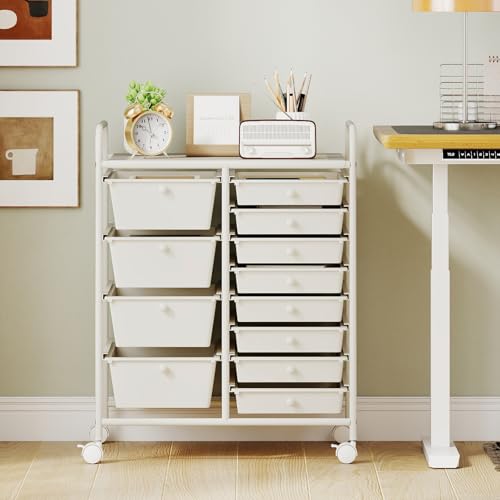 RELAX4LIFE 12-Drawer Rolling Storage Cart - Mobile Utility Drawer Carts | White Metal Frame & Drawers, Rolling Mobility Wheels; Craft Storage For Classroom School Home Office Utility Organization - color: White, style: 12 Drawers