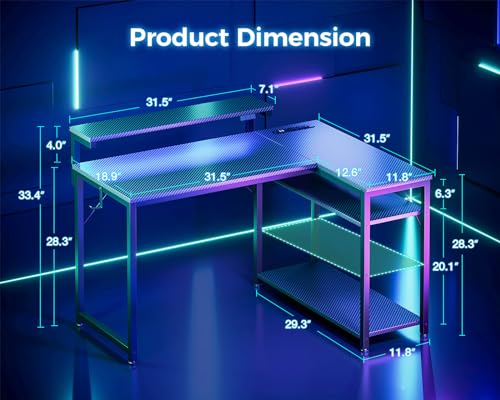 MOTPK L Shaped Gaming Desk with Power Outlet, Reversible Gaming Desk with Height Adjustable Monitor Stand, Gaming Computer Desk 43inch with LED Lights, Home Office Desk, Black