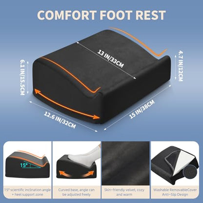 Foot Rest Under Desk with Rocking Base | Black Velvet | Washable velvet cover | 15° tilt + rocking base | 2 heights: 6.1"/7.3" | Non-slip | Office, gaming, home - color: Black, size: 12.6" L x 15" W x 6.1"