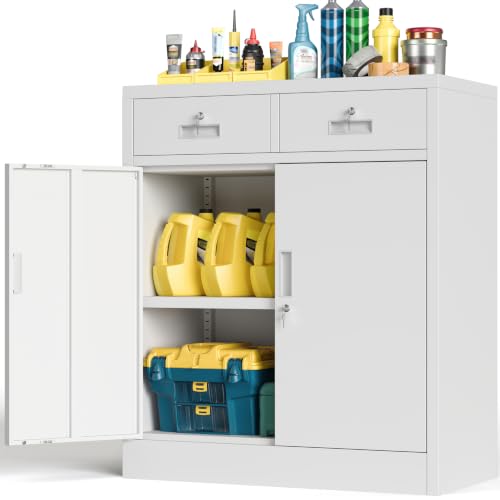 BESFUR Metal Storage Cabinet, Locking Storage Cabinet with Doors and Shelves, Reinforced Heavy Duty Metal Cabinets with Drawers for Office, Home, Garage (White) - color: White, size: 36" H x 32" W x 16" D
