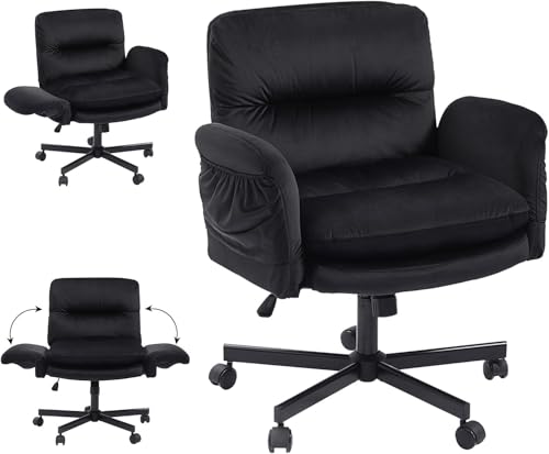 Bestier Criss Cross Chair with Flip-Up Arms, Black Velvet Office Chair | Swivel Makeup Vanity Chair with Wheels 2 Side Pockets, Cross Legged Office Chair for Home Office Bedroom Gaming - color: Black Velvet, size: Low Back