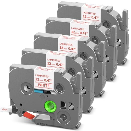 TZe-232 TZ Tape 12mm 0.47 Laminated Red on White P Touch Label Tape | Replace for Brother Label Maker Tape TZe232 for Brother PTH110 PT-D210 D220 H103W 1180 1280 1750 Ptouch Refills, 5-Pack - color: Red on White