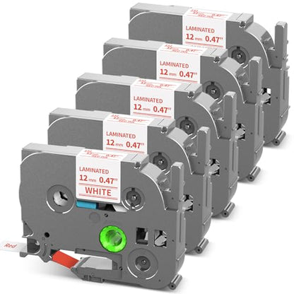 TZe-232 TZ Tape 12mm 0.47 Laminated Red on White P Touch Label Tape | Replace for Brother Label Maker Tape TZe232 for Brother PTH110 PT-D210 D220 H103W 1180 1280 1750 Ptouch Refills, 5-Pack - color: Red on White