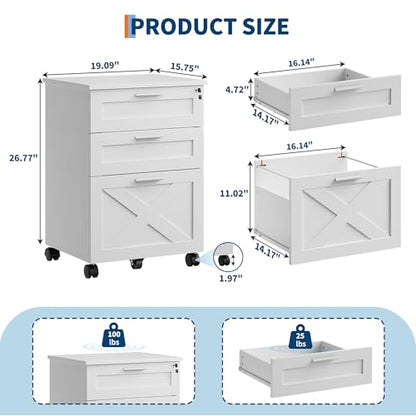 Garvee 3-Drawer Mobile File Cabinet with Lock, Under Desk Storage Drawer - color: White