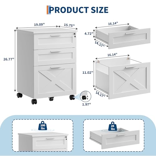 Garvee 3-Drawer Mobile File Cabinet with Lock, Under Desk Storage Drawer - color: White