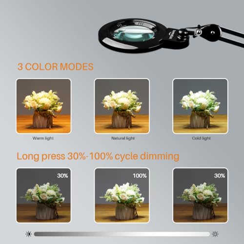 Bifocals Magnifying Desk Lamp with Clamp, 5 Diopter with 20 Diopter, 6 Inch Detachable Lens and 120PCS LEDs, 3 Color Modes 1200 Lumens Swivel Arm Magnifying Lamp with Light for Crafts (Black) - color: Black