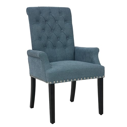 LOULENS Linen Dining Chair with Arms, Tufted Dining Room Chairs, Blue | Solid Wood Legs, Nailhead Trim, Accent Chair, Kitchen Chair - color: Light Blue, size: 1 PCS
