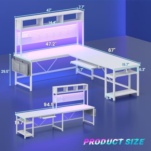 SEDETA White L Shaped Gaming Desk with Hutch, Power Outlet and Pegboard | Reversible 94.5" Computer Desk Two Person Desk, Corner Desk with Storage Shelf Keyboard Tray and LED Lights for Home Office - color: White With Power Outlet and Pegboard