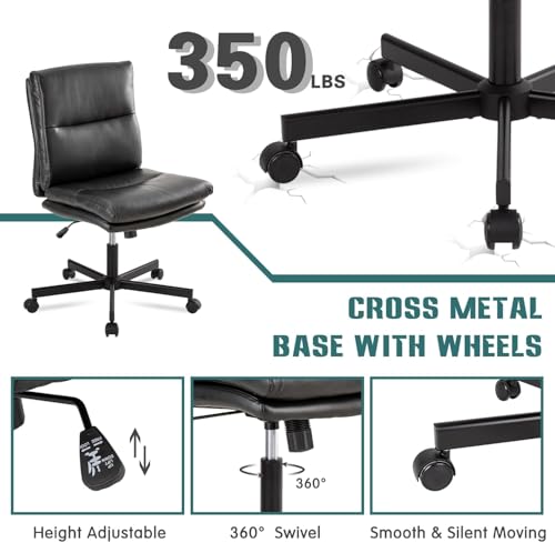 LUCKWIND Armless Office Desk Chair with Wheels, Mid-Back Criss Cross Swivel Task Chair, Height Adjustable Cushioned Vanity Chair, Double Padded PU-Leather Chairs for Home, Office & Bedroom (Black) - color: Black