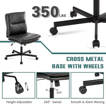 LUCKWIND Armless Office Desk Chair with Wheels, Mid-Back Criss Cross Swivel Task Chair, Height Adjustable Cushioned Vanity Chair, Double Padded PU-Leather Chairs for Home, Office & Bedroom (Black) - color: Black