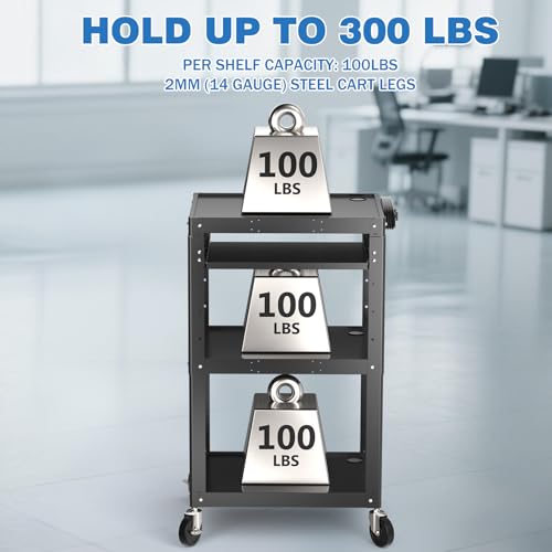 POCHAR Steel AV Cart on Wheels - Rolling Projector Cart with Height Adjustable Shelf, Pullout Keyboard Tray, Power Strip, Cord Management - Mobile Media Carts Computer Workstation for Office Classroom - style: 3 Shelf with Keyboard Tray (AV-J)