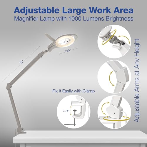 Dimmable Magnifying Desk Lamp with Clamp,1.75X magnification, Touch Dimmer, 96 SMD LEDs, Adjustable Arm, Dual Warm & Cold Light Modes for Crafts, Reading, Repair (Universal Voltage, Eye Strain Relief)