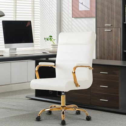 Office Desk Chair,Modern Leather Conference Room Chairs,High Back Home ofiice Chair,Adjustable Height Swivel Executive Computer Chair with Armrest and Padded Seat,White/Gold - color: White/Gold Frame
