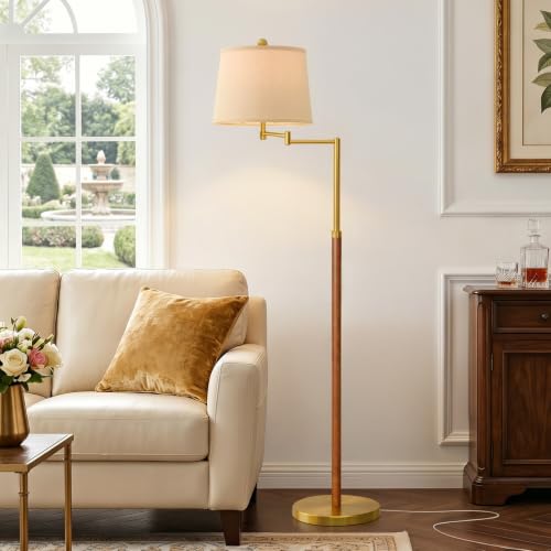 G-SAFAVA Real Wood Floor Lamps for Living Room Bedroom, 61" Floor Lamp with 350° Adjustable Swing Arm Vintage Lamps for Living Room - color: Gold