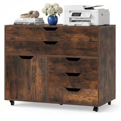 POWERSTONE Rolling File Cabinet 5-Drawer & One Side Door Storage Unit, Wood Printer Stand Drawer Cabinet with 5 Metal Wheels(2 Self-Locking) for Home Office, Coffee - color: Coffee