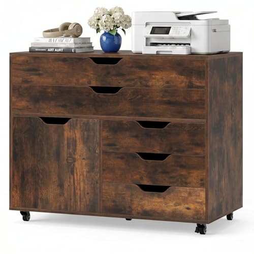 POWERSTONE Rolling File Cabinet 5-Drawer & One Side Door Storage Unit, Wood Printer Stand Drawer Cabinet with 5 Metal Wheels(2 Self-Locking) for Home Office, Coffee - color: Coffee