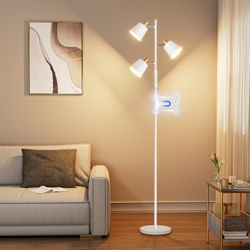 36W LED Tree Floor Lamp, 3 Rotatable Lights Standing Lamps for Living Room | Tall Modern Floor Lamps with Remote & Touch Control, 4 Colors Temperatures, Dimmable Bright Floor Lamp for Bedroom, Office - color: White & Gold