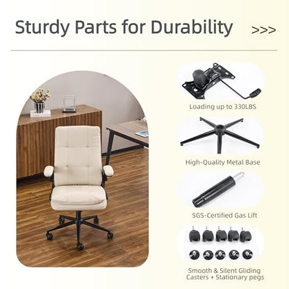 VINGLI Comfy Beige Leather Office Desk Chair, High-Back Support Ergonomic Computer Task Gaming Chair,with Removable wheels,360° Swivel,Adjustable Height,Flip-Up Arms,for Adults,Teen,Vanity,Home Office - color: Light Khaki-cat Scratch Pu