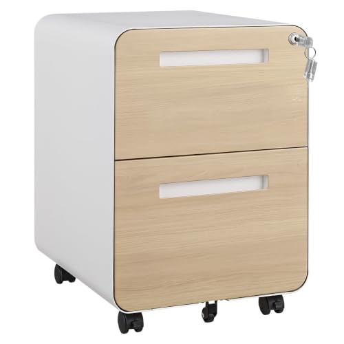 Garvee Mobile File Cabinet with Lock, 2 Drawer File Cabinet with Lock | 2 Drawer Under Desk Metal Rolling Filing Cabinets for Home Office Legal/Letter File Folders, Fully Assembled - color: Wood