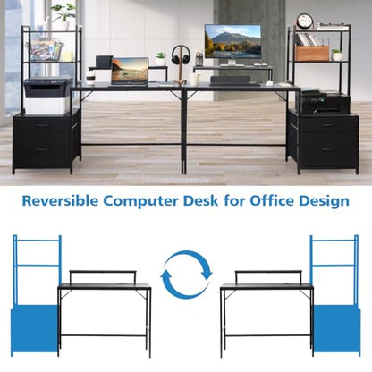 KATHY&BOB 59.1" Computer Desk with Power Outlets and Storage Shelves, Reversible Home Office Desk with 2 Fabric Drawers, Sturdy Writing Table with Detachable Monitor Stand for Small Spaces - color: Black
