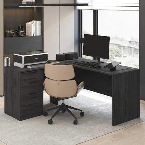 Furinno Roger 60 Inch L-Shaped Executive Desk with File Cabinet, L-Shaped Office Desk with 3-Drawer Fixed Pedestal Filing Cabinet, Desk Cord Grommet, for Home Office, Coastal Grey - color: Coastal Grey, size: 60" Wide, L-shape with File Cabinet