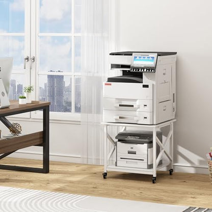 Fannova White 3D Printer Stand, Large Printer Table with Storage Shelf | 23.6"x23.6"x22.6", Home Office 2 Tier Rolling Printer Cart with Heavy Duty Industrial Wheels - All 4 Lock, Mini Fridge Stand - color: White