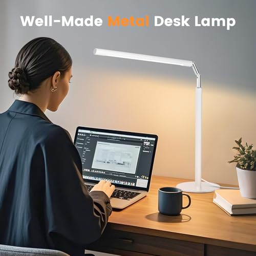 SIBRILLE White LED Desk Lamp, 16" Dimmable Metal Desk Light with Base, 15W 1200LM, Adapter Included, Color & Brightness Adjustable, Modern Tall Table Lamp for Home Office Reading Study Task Laptop - color: White