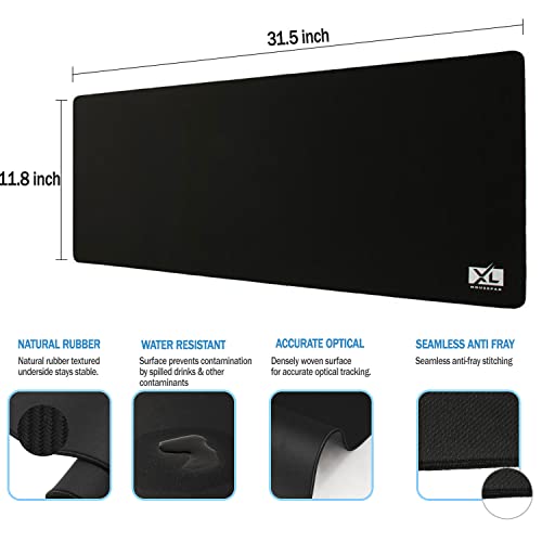 XL Mouse Pad - Large Extended Gaming Desk Mousepad (800x300x3mm) - Nonslip Rubber Base and Water Spill Resistant Desktop Keyboard Mouse Mat - Anti-Fray Cloth - Black - size: X-Large (31.5"x12")