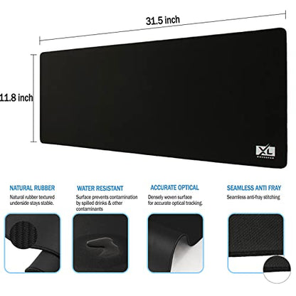 XL Mouse Pad - Large Extended Gaming Desk Mousepad (800x300x3mm) - Nonslip Rubber Base and Water Spill Resistant Desktop Keyboard Mouse Mat - Anti-Fray Cloth - Black - size: X-Large (31.5"x12")