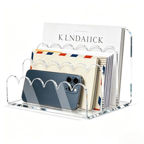 3 Compartments Acrylic Mail Organizer, Vertical File Sorter & Scalloped Desk Organizer for Letters, Envelopes, Bills, Stationery, Mail Holder for Office and Home