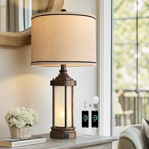 G-SAFAVA 25'' Table Lamp for Living Room Bedroom Farmhouse Metal Lamps with 2 USB Ports, Built-in Frosted Glass Night Light Vintage Industrial Nightstand Bedside End Lamp, 2 Bulbs Included, Bronze - color: Metal Bronze