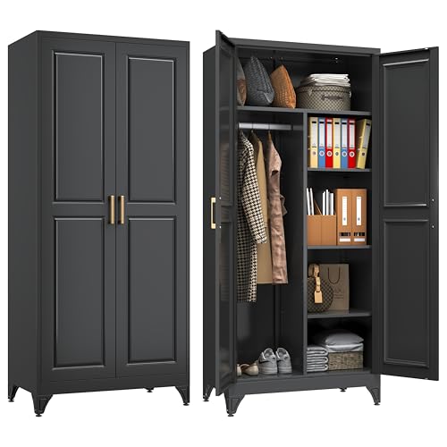 SteeLoong Armoire Wardrobe Closet,71" H Wardrobe Cabinet with Hanging Rod | Metal Wardrobe Closet with Doors,Black Clothing Storage Cabinet 3 Adjustable Shelves,Storage Locker for Bedroom,garage,Office - color: Black, style: 71"H No Lock
